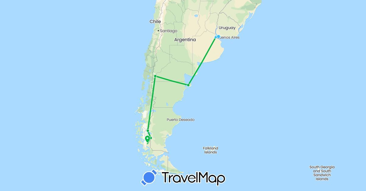 TravelMap itinerary: bus, boat in Argentina, Chile, Uruguay (South America)